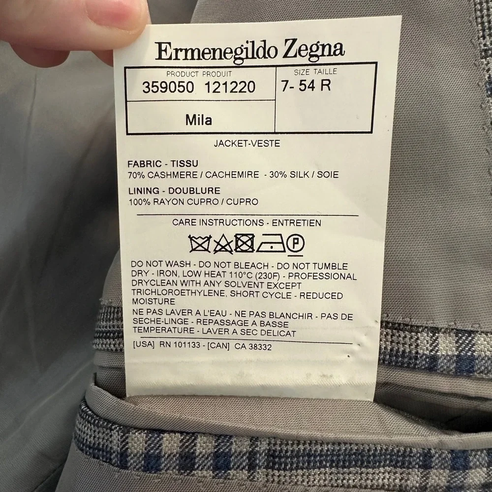Ermenegildo Zegna Cashmere Silk Sport Coat Grey Blue Plaid Blazer Italy 44R US